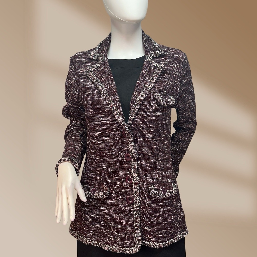 Brooks Bothers Burgundy Tweed Blazer Fringe Trim Size Medium